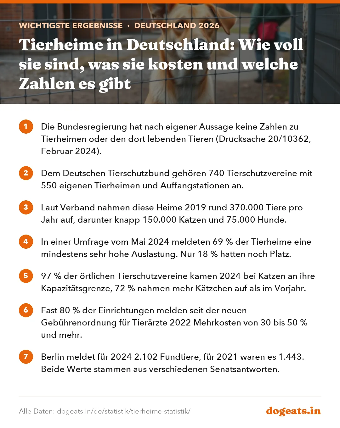 Wichtigste Ergebnisse: Tierheime in Deutschland: Wie voll sie sind, was sie kosten und welche Zahlen es gibt