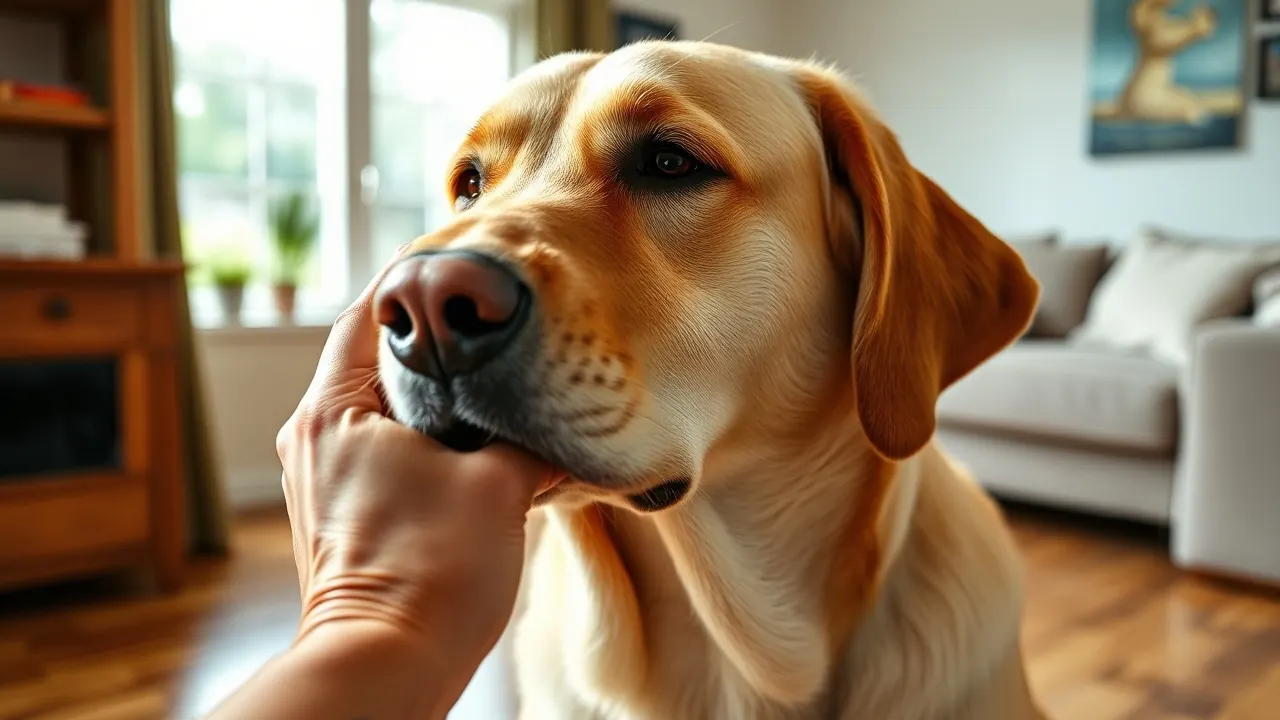 Zwei Hände scheiteln das Fell am Hals eines Labradors und suchen nach Zecken, im Hintergrund ein helles Wohnzimmer