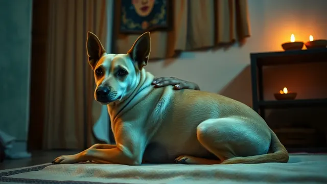 A fawn Indian Pariah dog rests calmly on a rug in a quiet room with diyas glowing on Diwali night