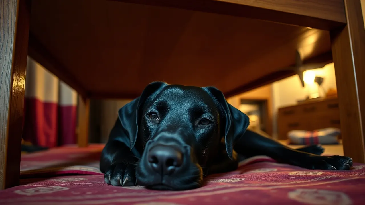A black Labrador lies under a wooden bed in a curtained Indian bedroom on a festival evening