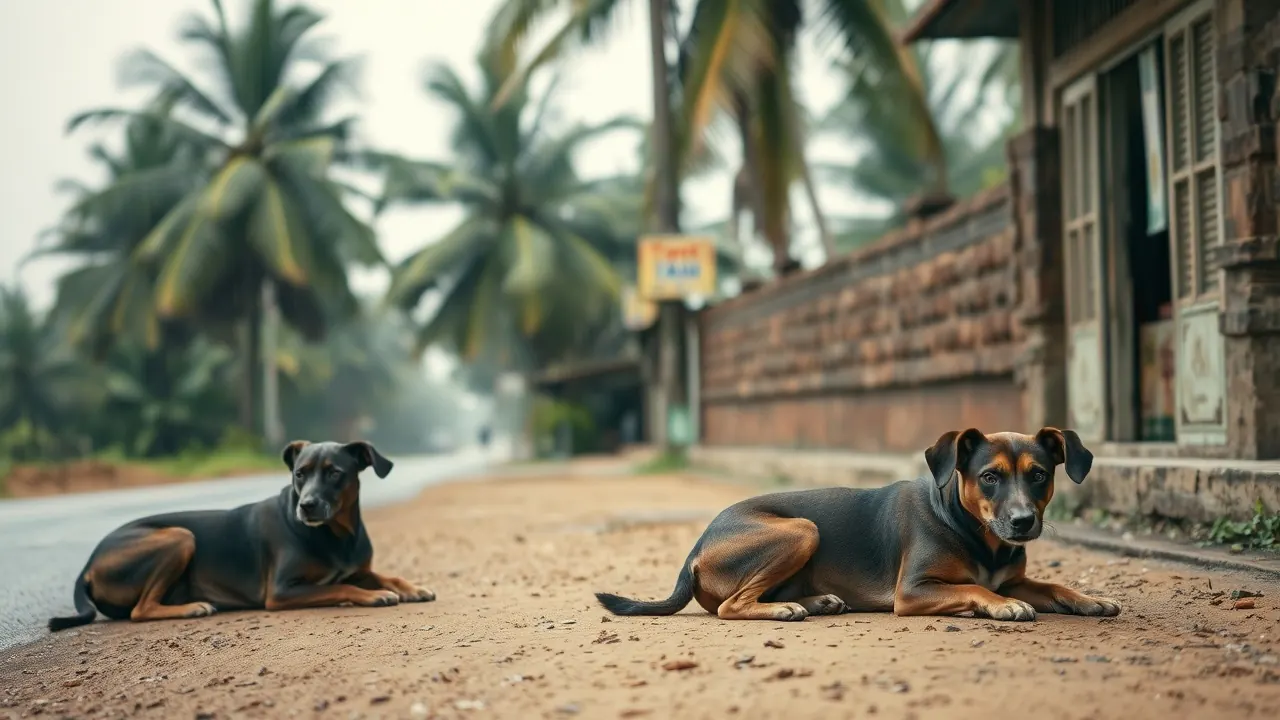 Two relaxed street dogs rest beside a laterite wall in Kerala, where stray dog rabies deaths have risen