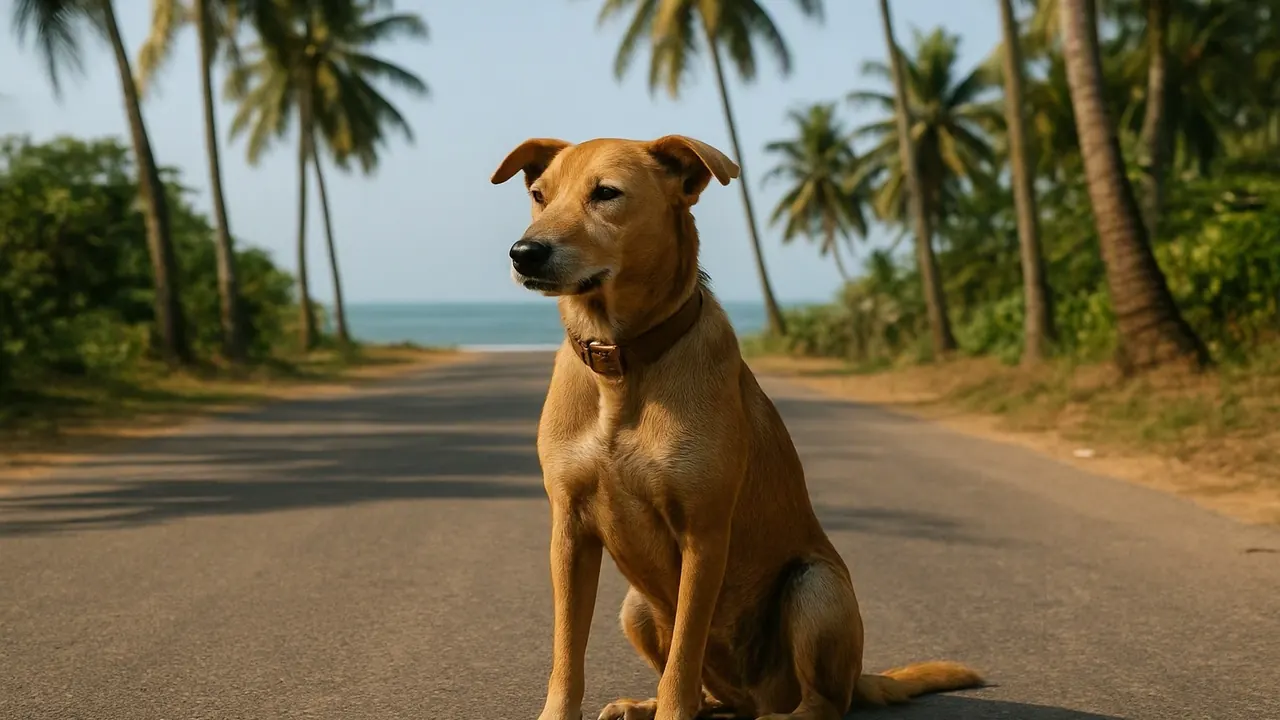 A healthy collared street dog sits on a palm-lined island road by the sea, a rabies free state in India