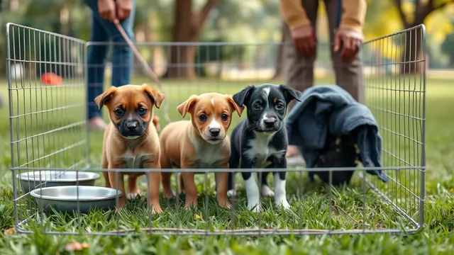 Three Indie puppies in tan, black and white sit in a low playpen at an adoption camp in a park.