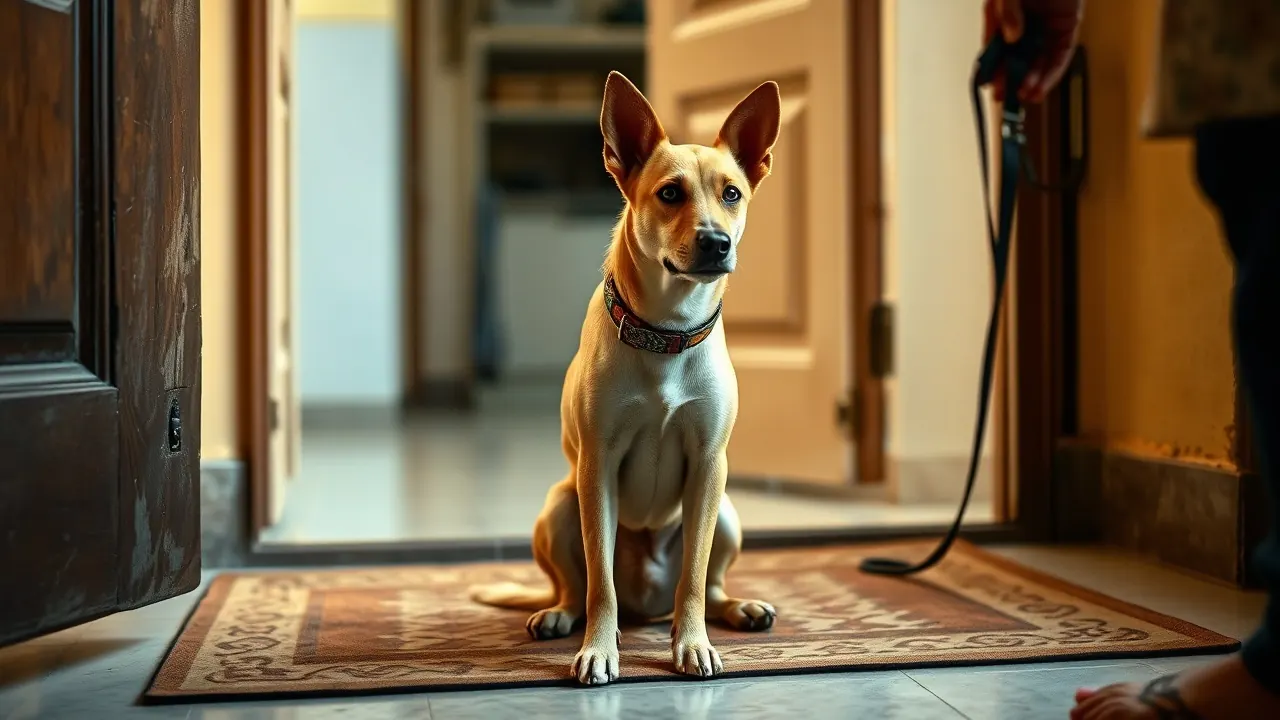 A fawn Indian Pariah dog with upright ears sits on a doormat at a flat's entrance wearing a new collar.
