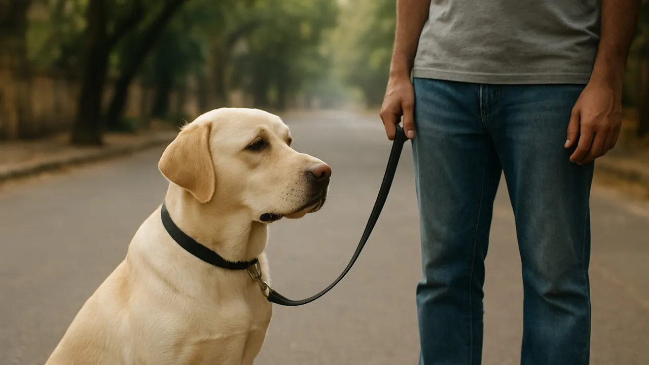 A calm Labrador sits on a loose leash on a quiet Indian street, illustrating dog aggression by breed statistics