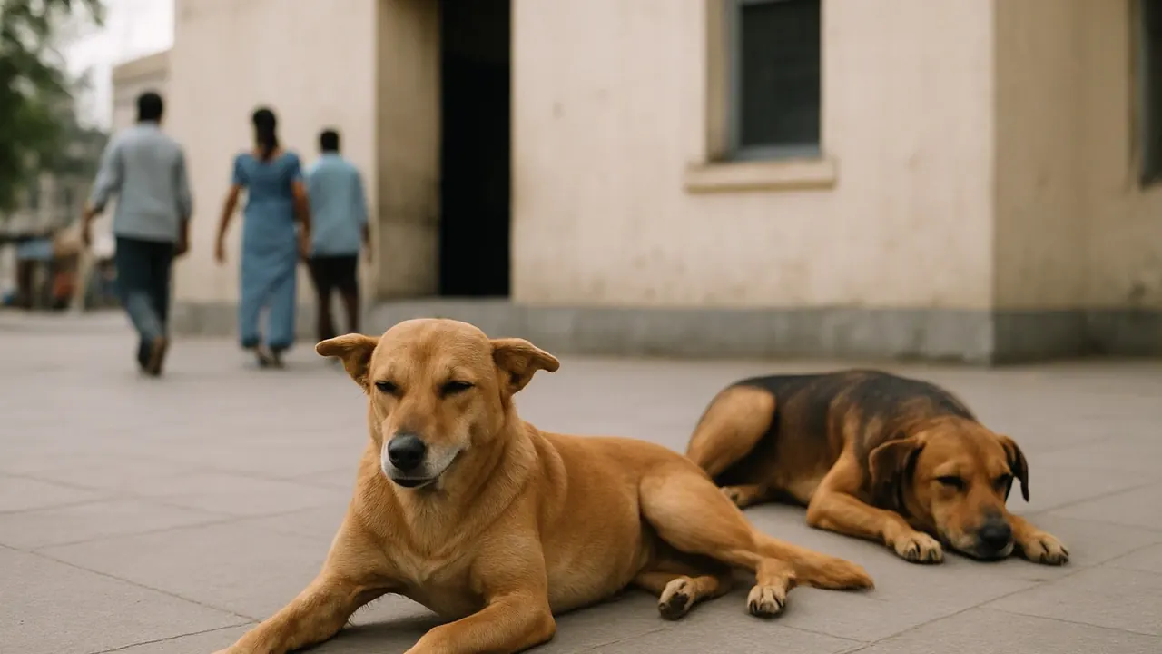 Two calm street dogs rest outside a municipal building in an Indian city, context for dog aggression by breed statistics
