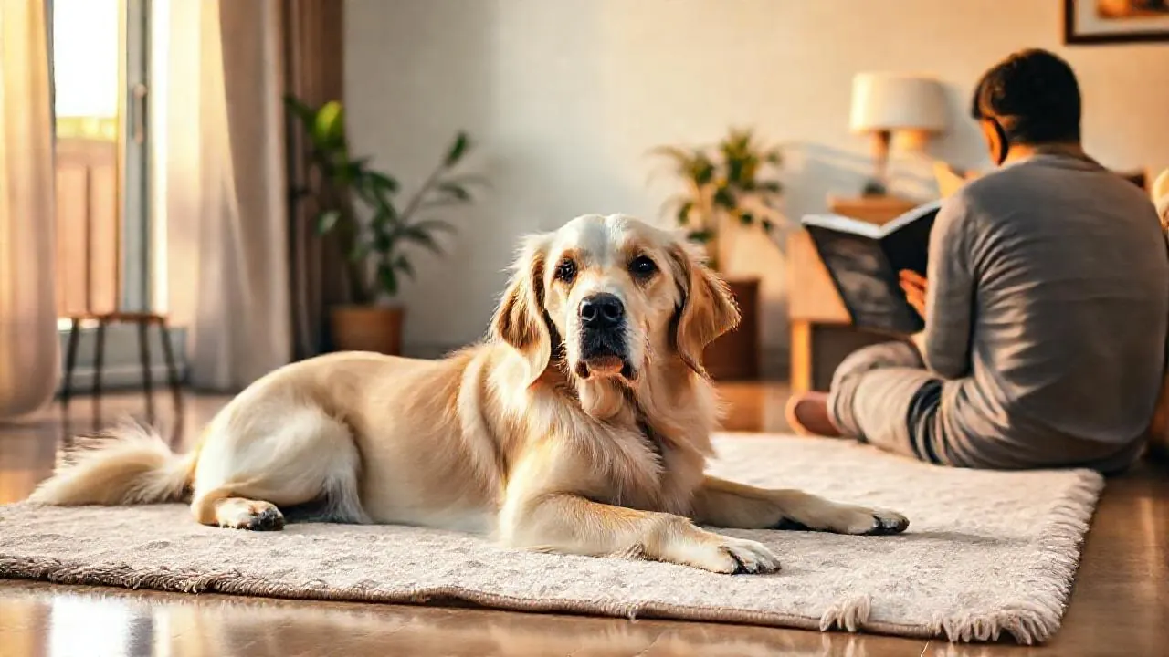 A relaxed Golden Retriever lies on a rug at home, a low-risk breed in dog aggression by breed statistics