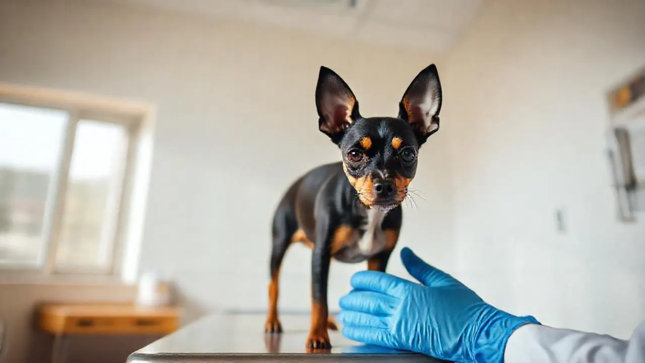 A calm Miniature Pinscher stands on a clinic table, a small breed high in dog aggression by breed statistics