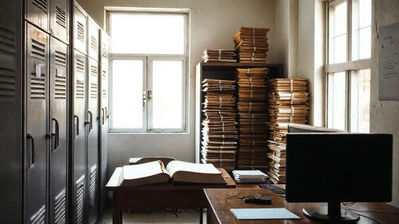 Stacked files and ledgers in an Indian district records office, where dog attack deaths in India go uncounted