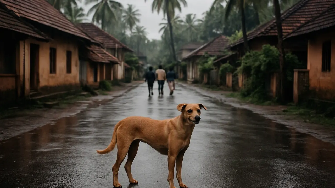 A calm street dog stands on a rain-washed Kerala street lined with tiled houses, context for Kerala dog attack deaths