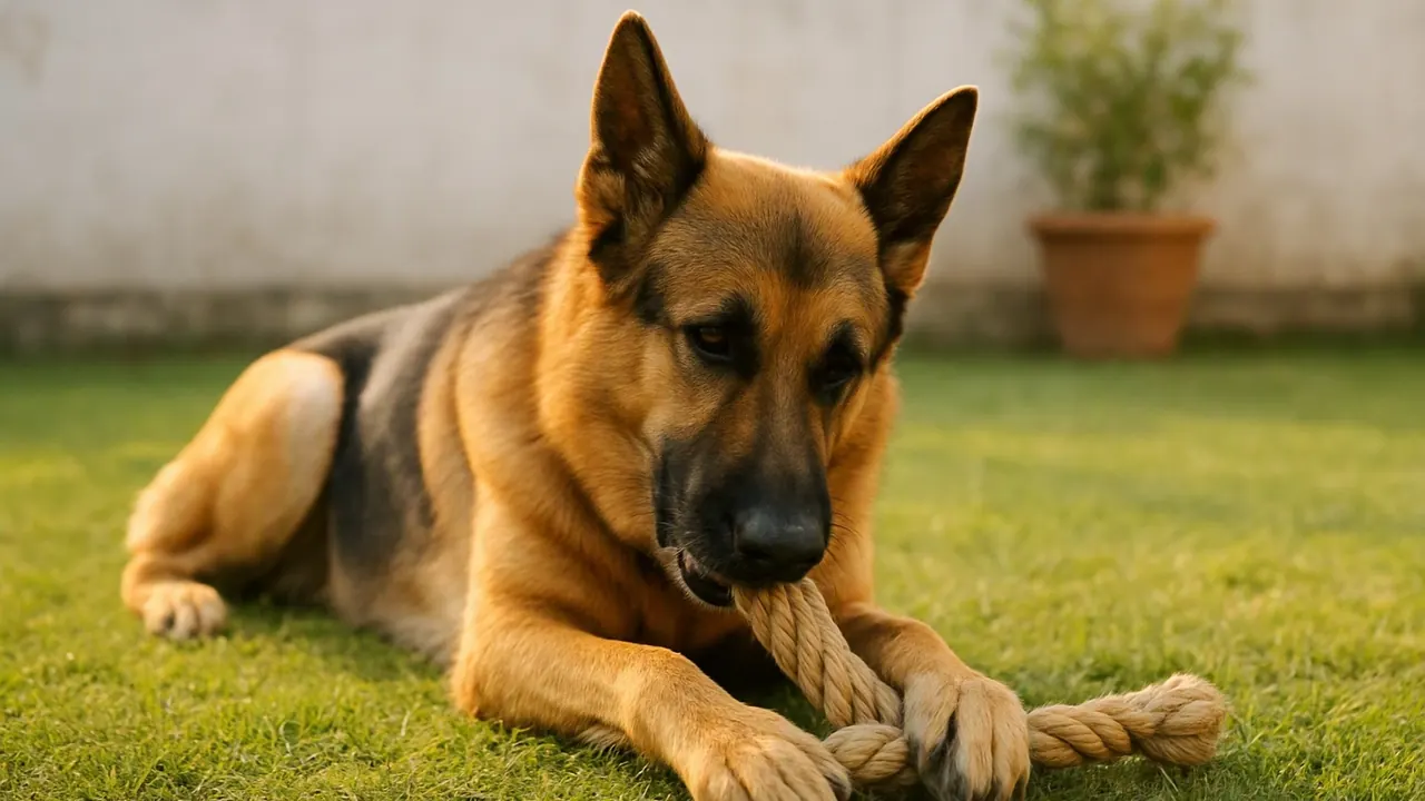 An adult German Shepherd lies on a lawn chewing a thick rope toy held between its paws