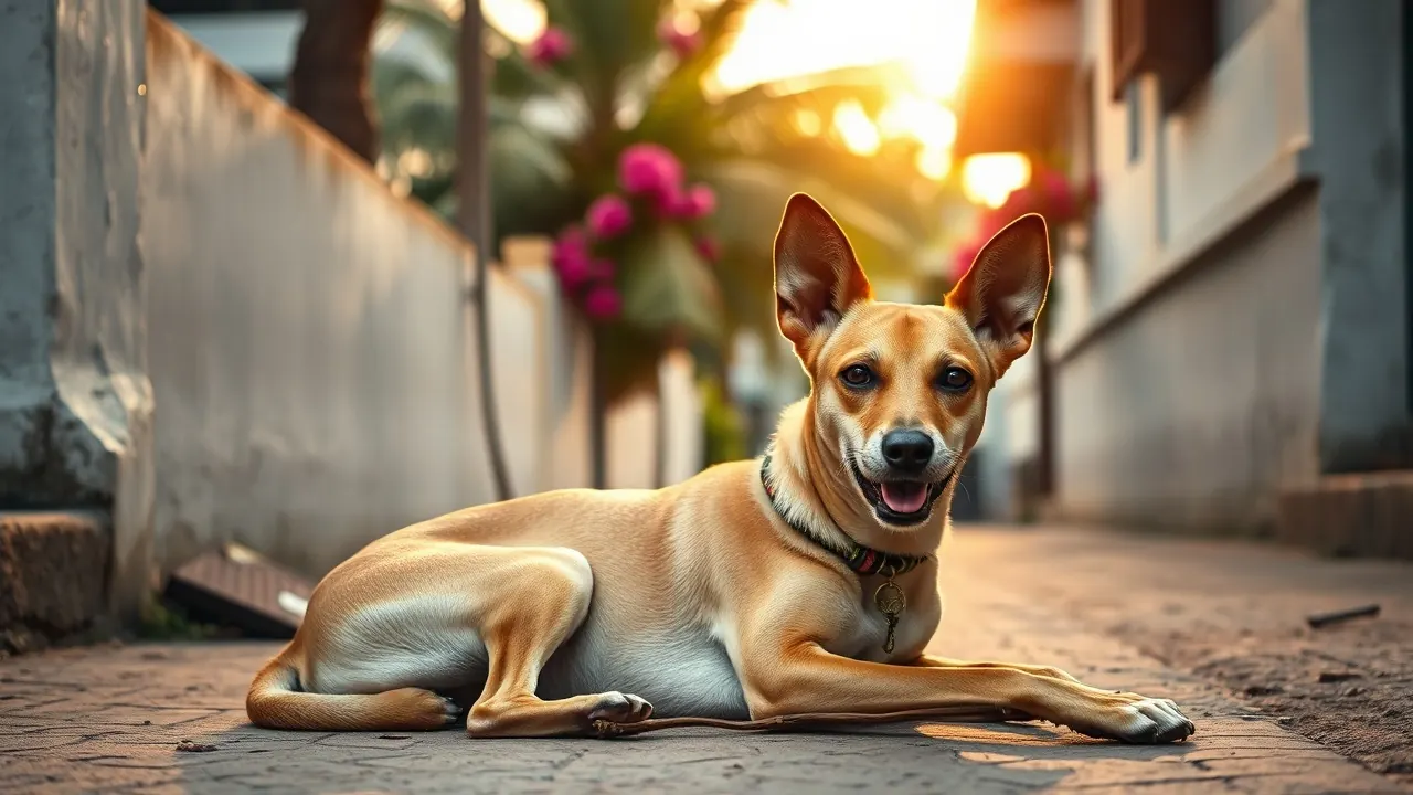 A tan Indian Pariah dog lies beside a whitewashed wall chewing a stick on a quiet lane