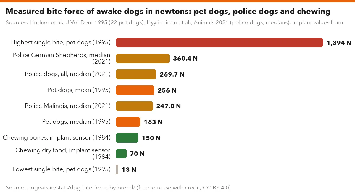 Measured bite force of awake dogs in newtons: pet dogs, police dogs and chewing