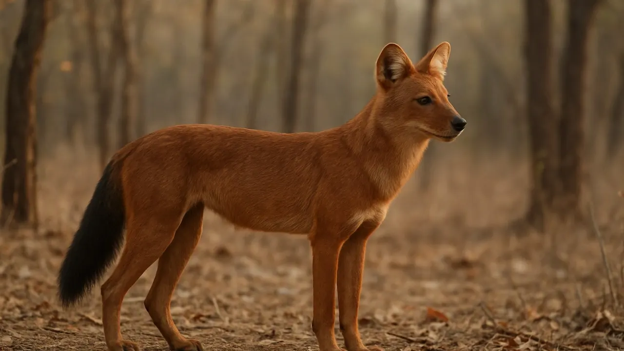 A rust-red dhole stands alert in dry deciduous forest in central India