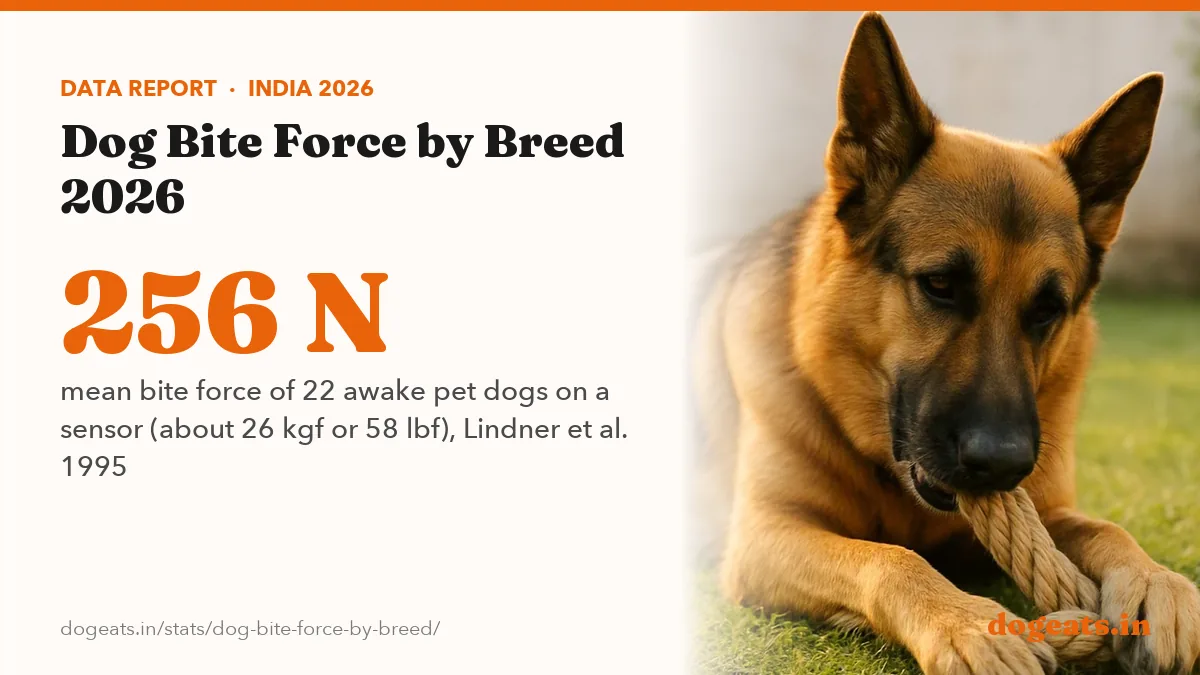 256 N mean bite force of 22 awake pet dogs on a sensor (about 26 kgf or 58 lbf), Lindner et al. 1995