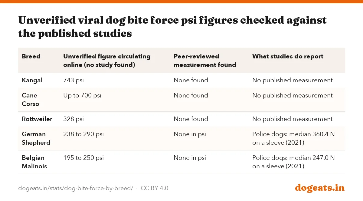 Unverified viral dog bite force psi figures checked against the published studies
