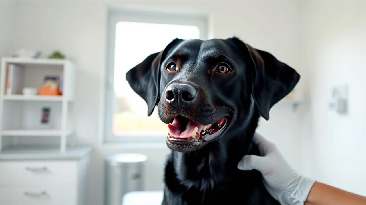 A black Labrador sits on a clinic examination table with its mouth gently open