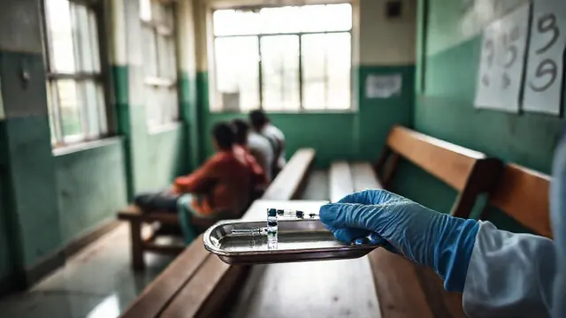 Nurse's gloved hands prepare an anti-rabies vaccine vial at a hospital clinic while patients wait on a bench