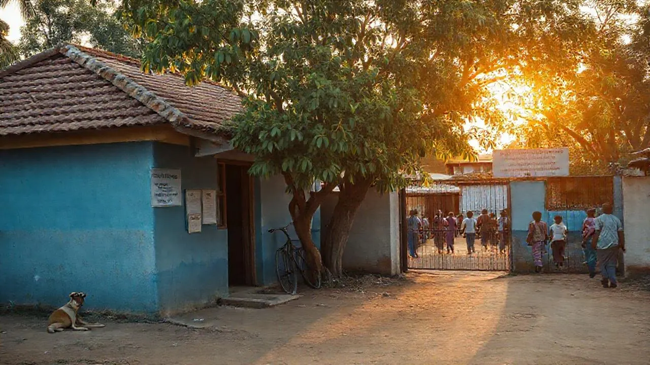 Rural primary health centre in Tamil Nadu with a community dog resting under a neem tree near the gate