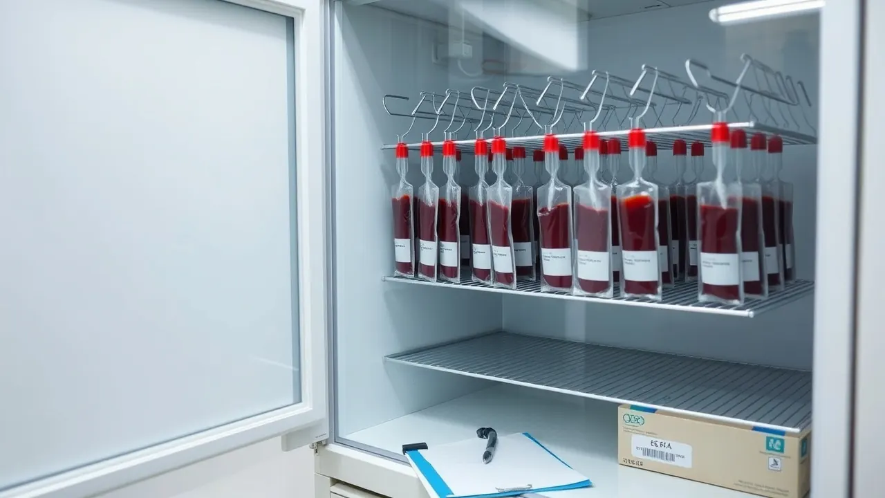 Sealed blood bags stored on racks in the medical refrigerator of a dog blood bank in India