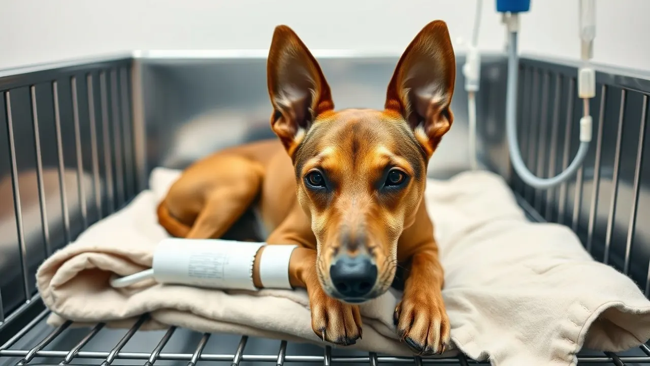 An Indian Pariah dog rests on a blanket in a hospital kennel during a dog blood transfusion