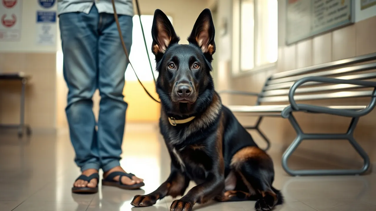 A calm adult German Shepherd sits beside its owner, waiting to donate at a dog blood bank in India