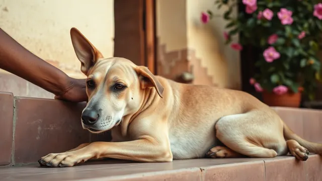 An older tan Indian Pariah Dog with a greying muzzle resting on house steps beside a hand on its back