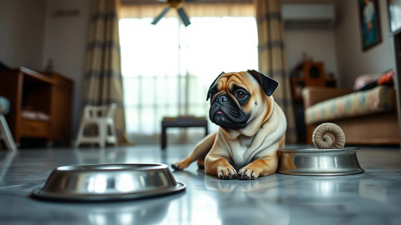 A fawn Pug with a black mask resting on a marble floor beside a steel water bowl