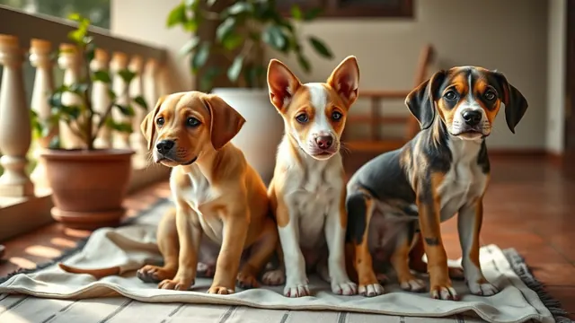A yellow Labrador puppy, a tan Indian Pariah puppy and a Beagle puppy sitting on a durrie on a verandah