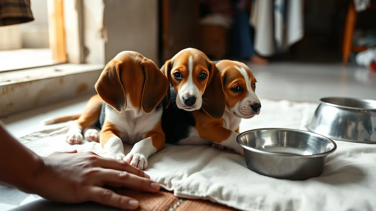 A Beagle mother resting with her puppies in a clean kennel while hands hold a vaccination booklet