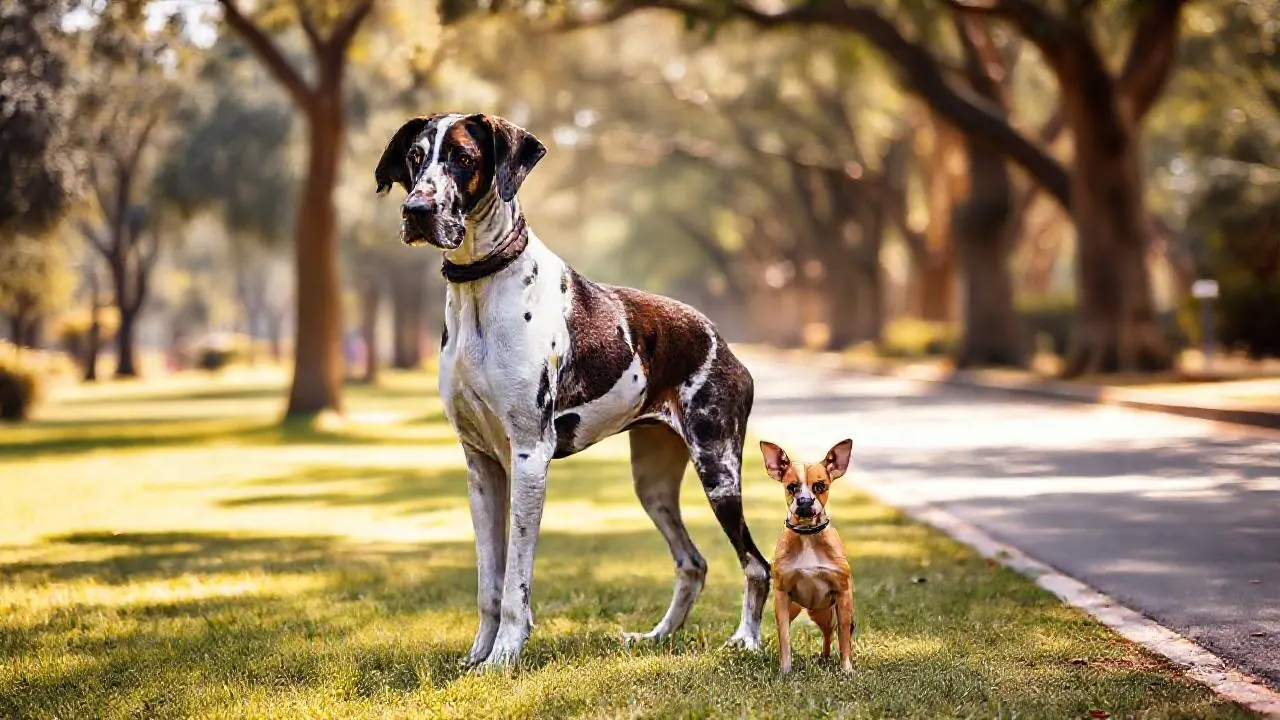 A tall Great Dane stands beside a small Chihuahua on grass in a park, showing the gap in breed sizes