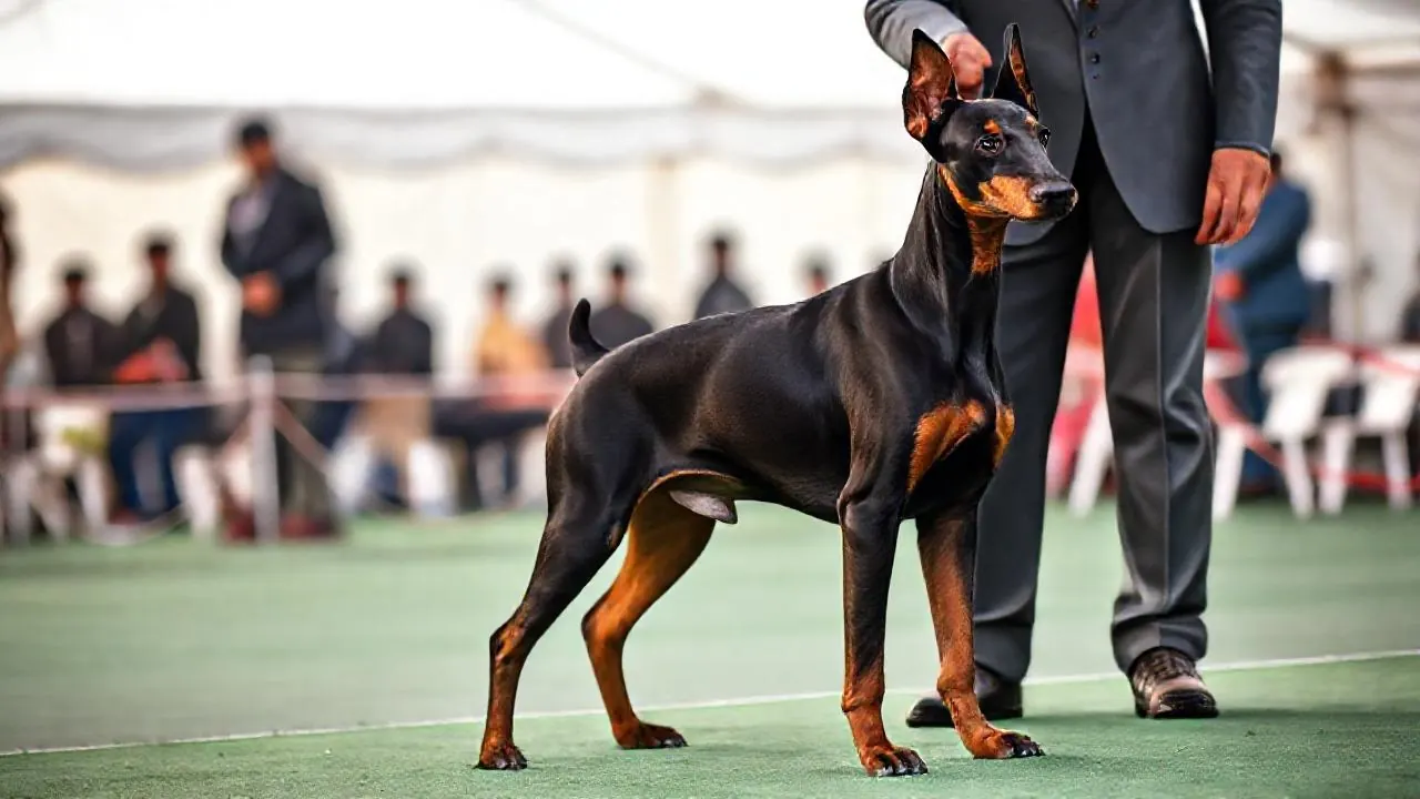A black and tan Dobermann with natural ears stands in a show pose on green matting at an outdoor show