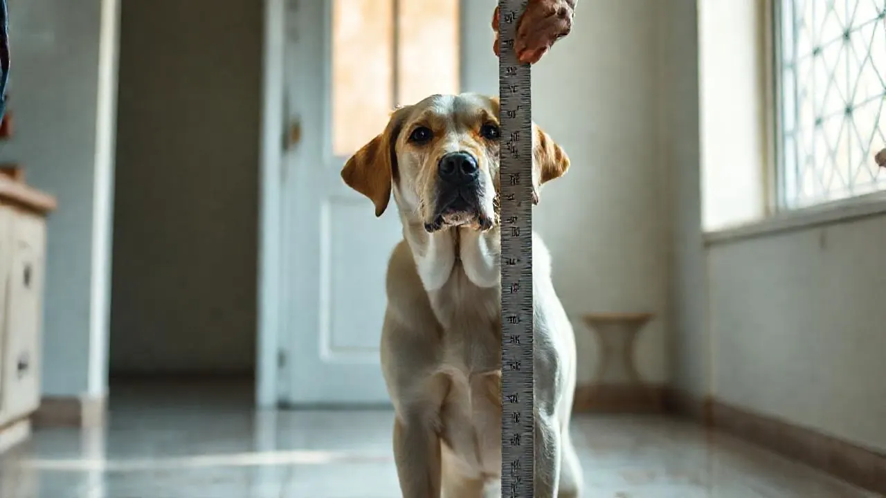 Hands hold a measuring tape from the floor to the shoulders of a standing yellow Labrador on a tiled floor