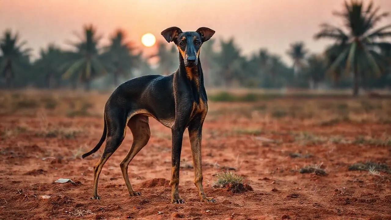 A lean black and tan Kanni hound stands on red soil in a Tamil Nadu field with palmyra palms behind