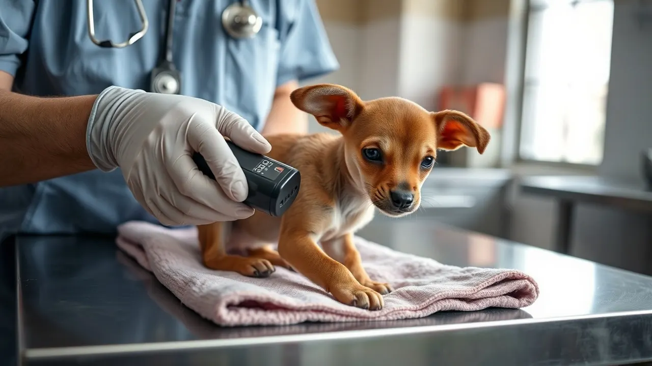 A vet scans a calm puppy with a microchip reader, a step required under dog breeding rules in India