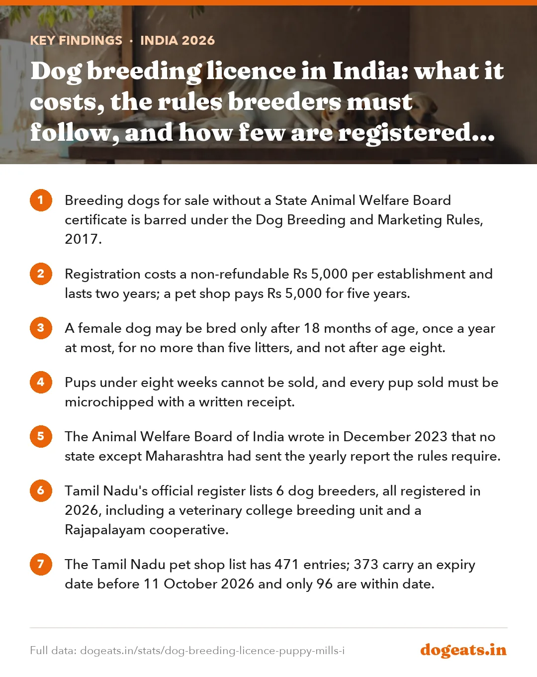 Key findings: Dog breeding licence in India: what it costs, the rules breeders must follow, and how few are registered (2026)