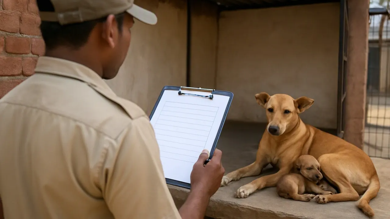 An inspector checks a clean kennel with a mother dog and puppies, puppy mill enforcement and breeding rules in India
