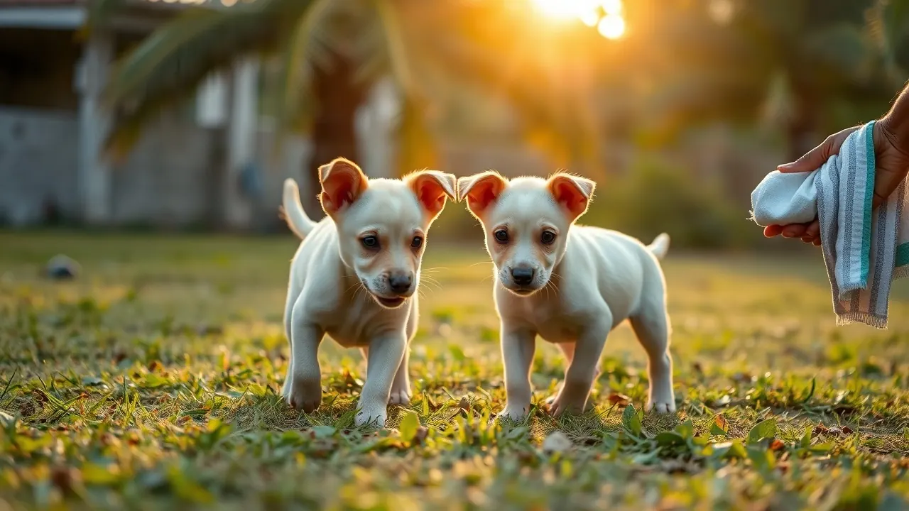 Two Rajapalayam puppies play on grass at a Tamil Nadu kennel run by a registered dog breeder in India