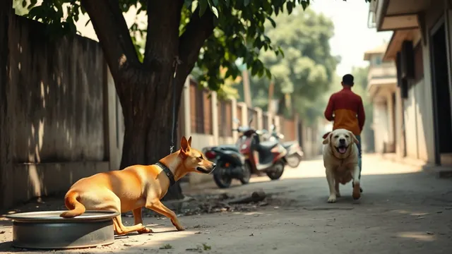 An Indian Pariah Dog resting in tree shade beside a water bowl while a Labrador is walked early in the morning