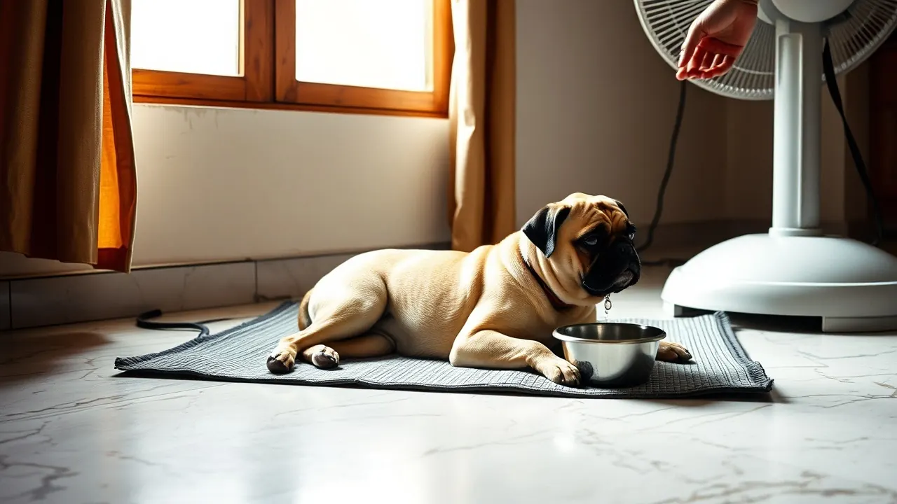 A fawn Pug lying on a cooling mat on a marble floor beside a fan and a water bowl
