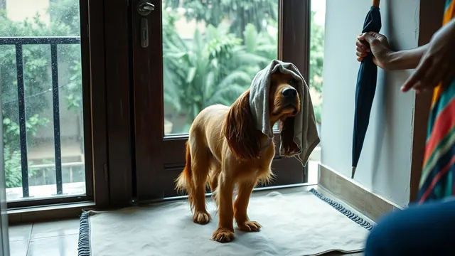 A wet Cocker Spaniel on a doormat having its long ears dried with a towel during monsoon rain