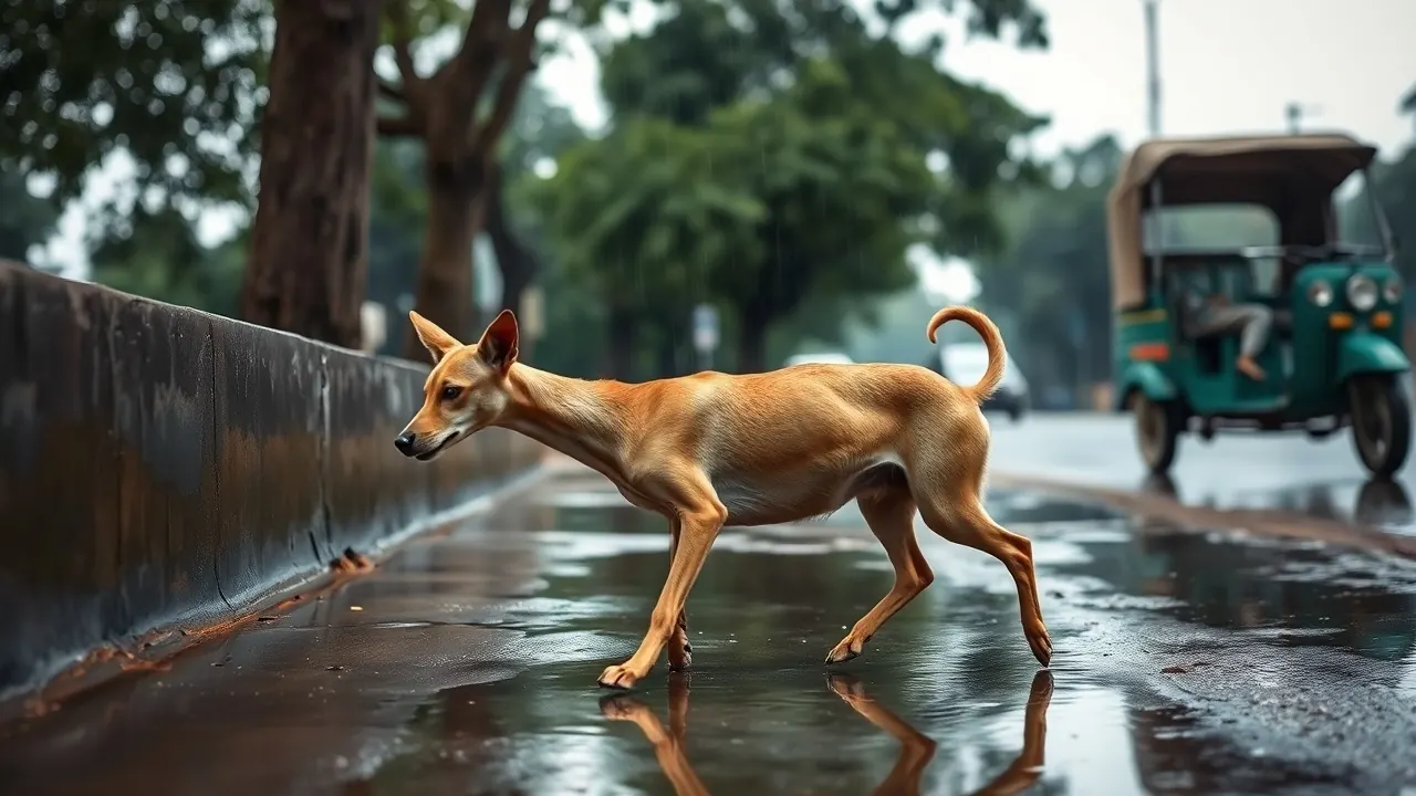 A short-coated Indian Pariah Dog with erect ears trotting along a wet pavement after monsoon rain