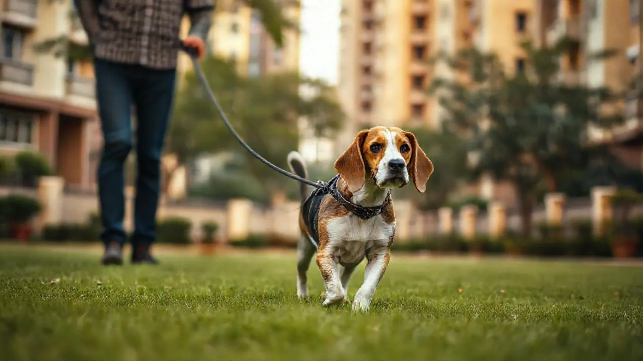 A Beagle, one of the dog breeds that bark the most, walks on a loose leash across an apartment lawn