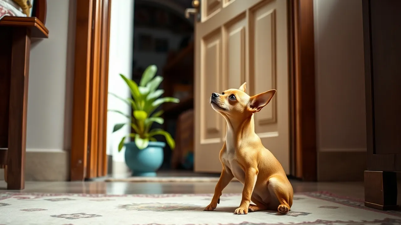 A tan Chihuahua, among dog breeds that bark the most at visitors, sits by an apartment front door