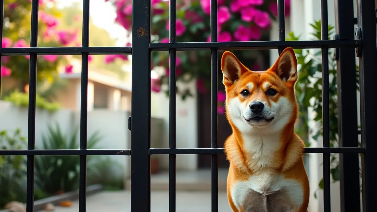 A red Shiba Inu behind a house gate; vets rank it among dog breeds that bark the most at strangers