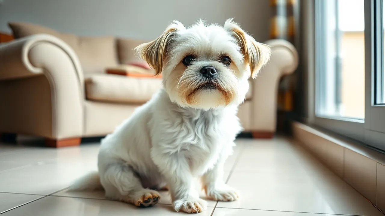 A white Shih Tzu, one of the dog breeds that shed least, sits on a clean tiled floor