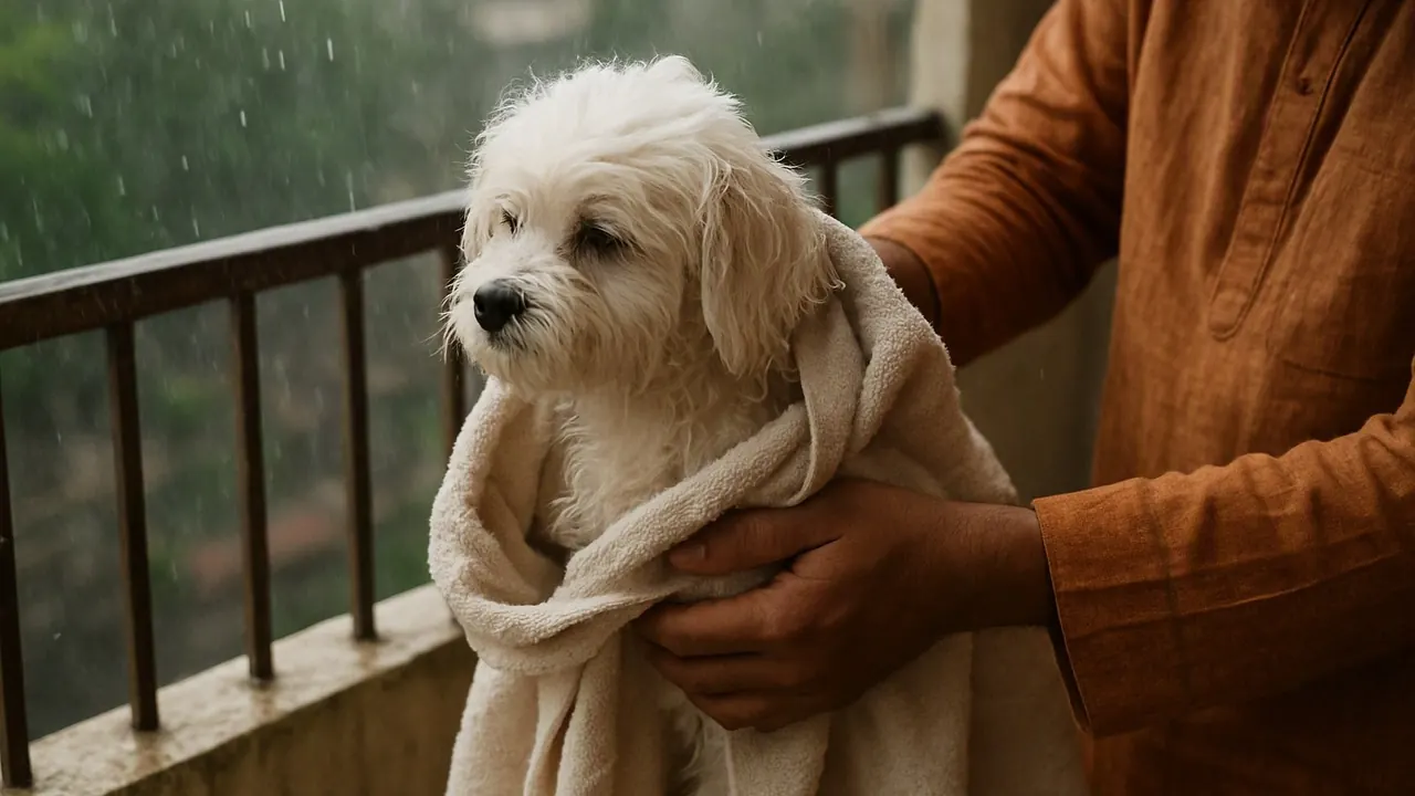 A small white Maltese, a low-shedding dog breed, is towel-dried on a balcony in monsoon rain