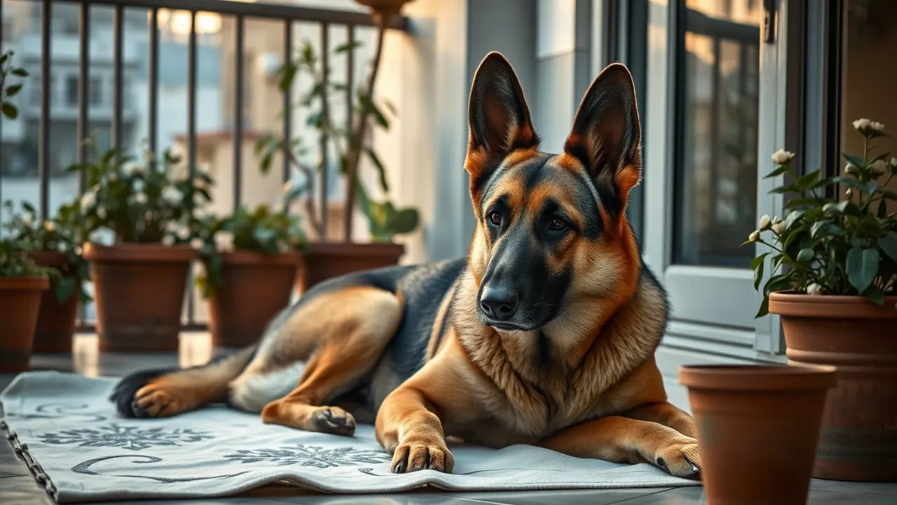A senior German Shepherd with a greying muzzle and upright ears lying on a balcony mat among potted plants