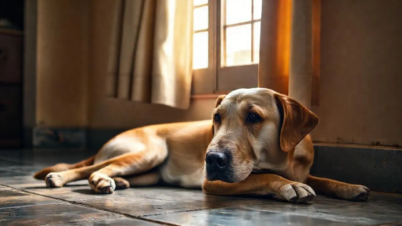 An older yellow Labrador with a greying muzzle resting on a cool stone floor in an Indian flat