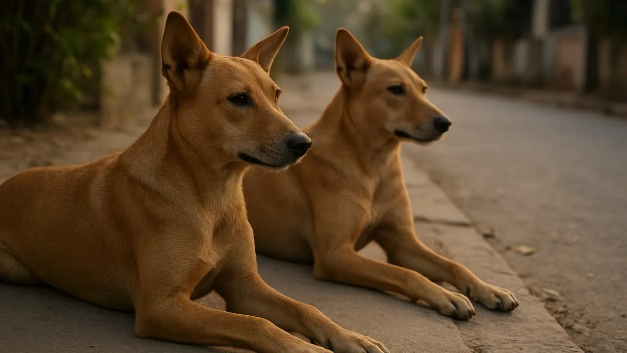 Two fawn Indian Pariah dogs with erect ears resting beside a compound wall on a quiet street
